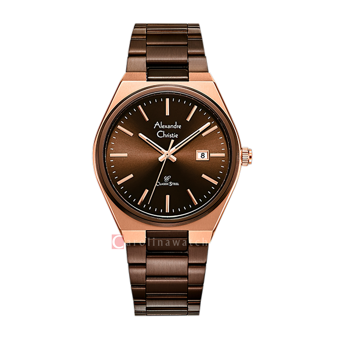 Jam Tangan Alexandre Christie AC 8713 MDFROBO Men Brown Dial Brown Stainless Steel Strap