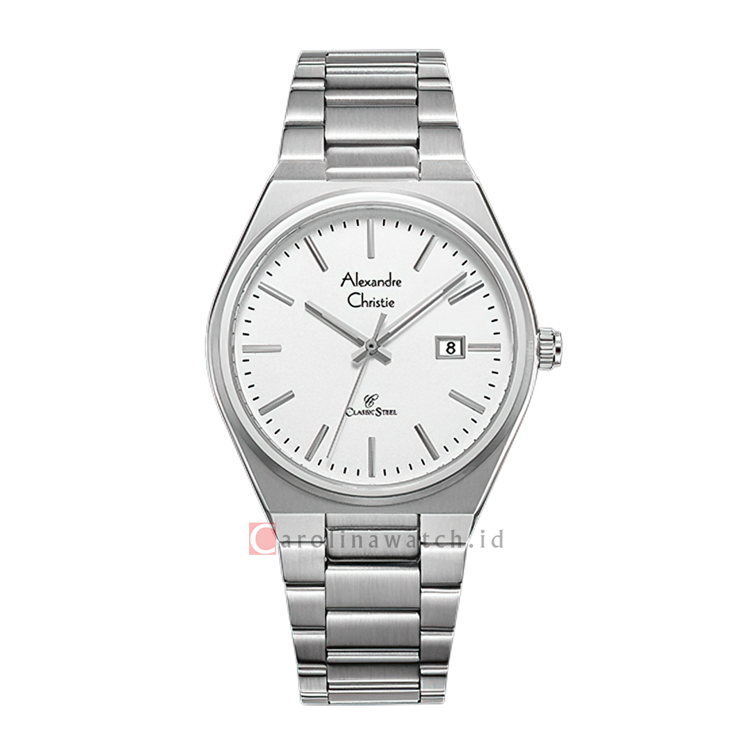 Jam Tangan Alexandre Christie AC 8713 MDFSSSL Men Silver White Dial Stainless Steel Strap
