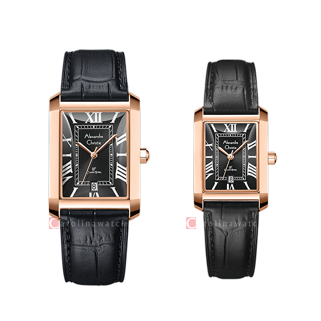 Jam Tangan Couple Alexandre Christie AC 8714 M/LDLRGBA Black Dial Black Leather Strap