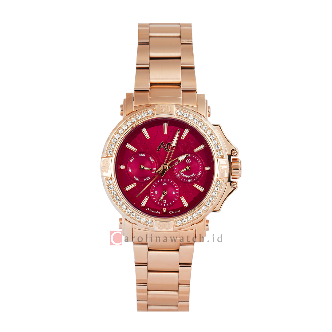 Jam Tangan Alexandre Christie Collection AC 9205 BFBRGLDDR Women Red Dial Rose Gold Stainless Steel Strap