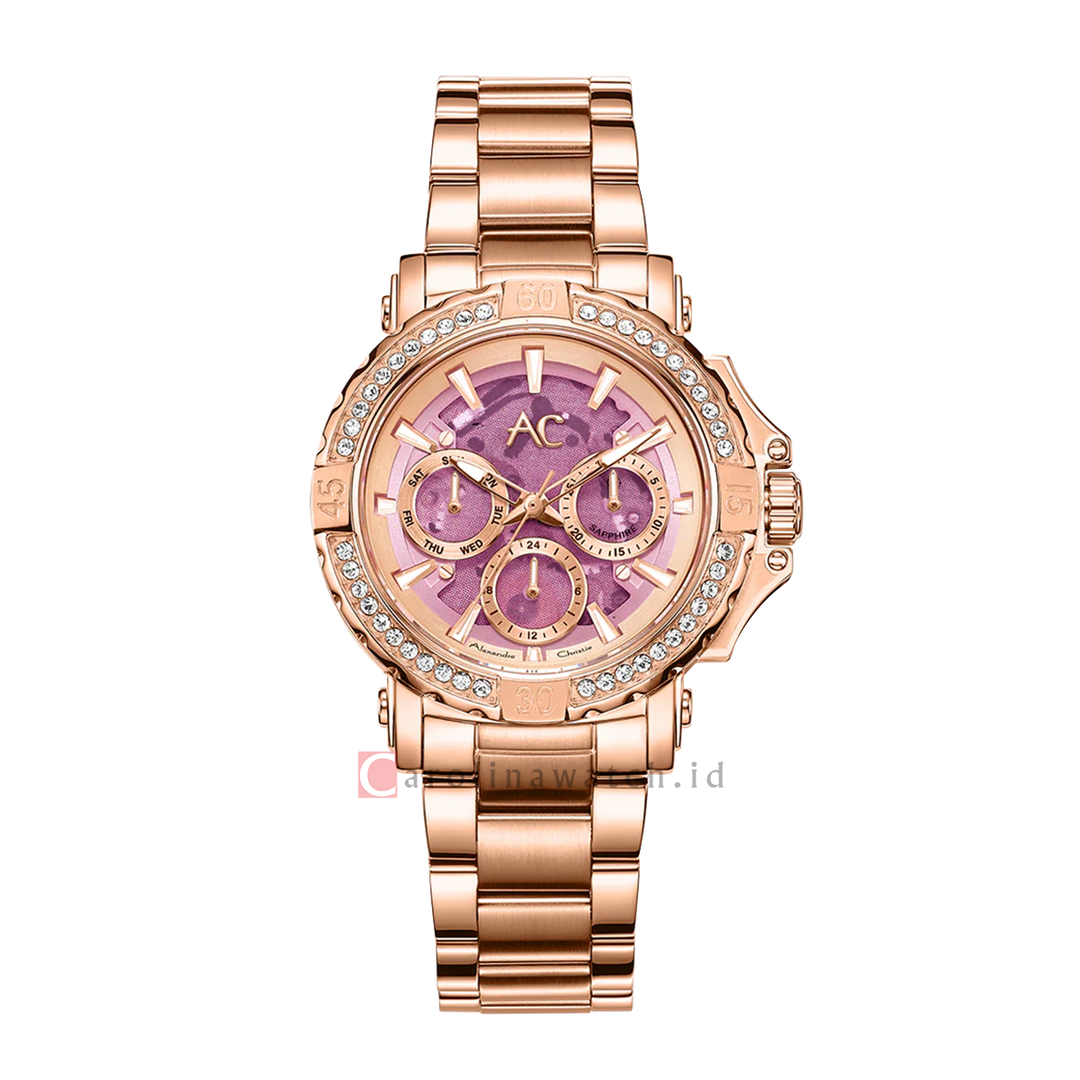 Jam Tangan Alexandre Christie Collection AC 9205 BFBRGLKDR Women Purple Dial Rose Gold Stainless Steel Strap