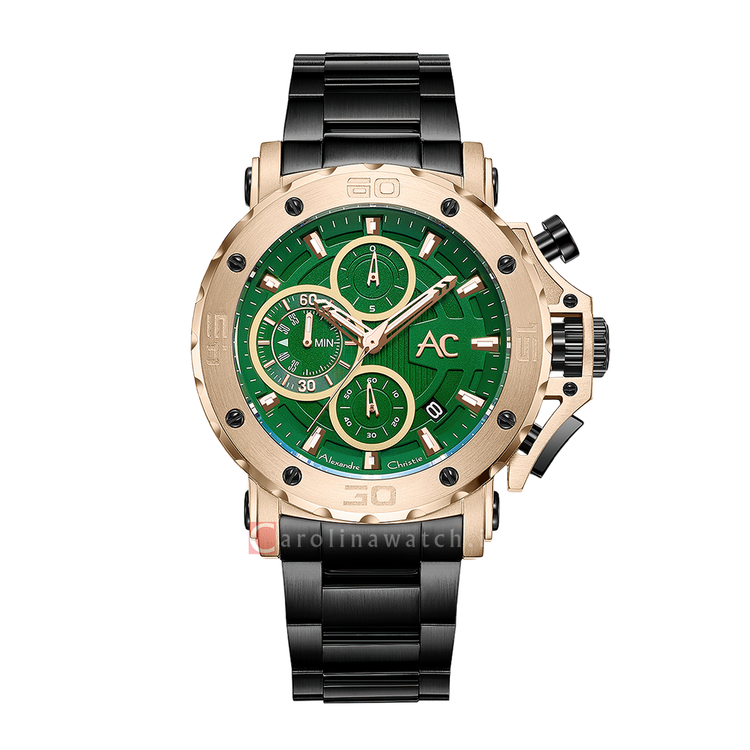 Jam Tangan Alexandre Christie AC 9205 MCBCAGN Men Green Dial Black Stainless Steel Strap