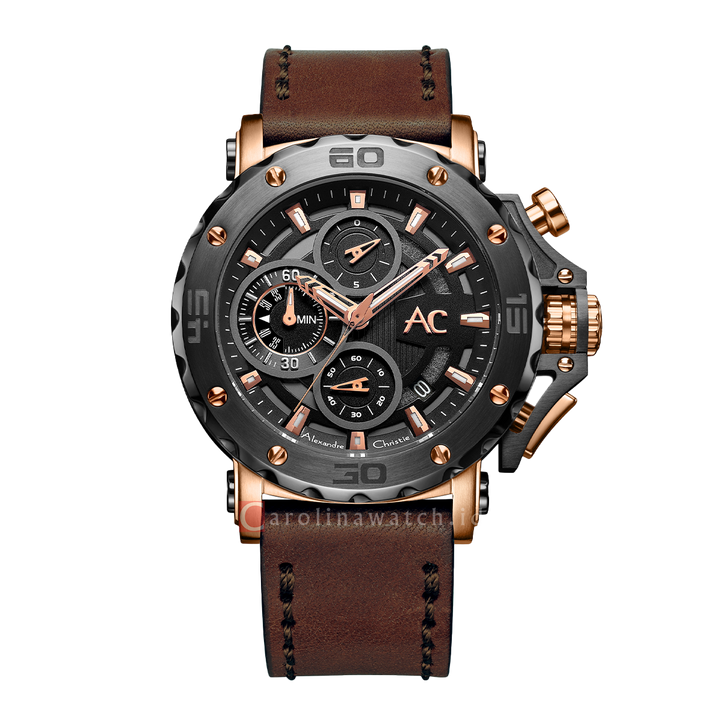 Jam Tangan Alexandre Christie AC 9205 MCLBRBA Men Black Dial Brown Stainless Steel Strap