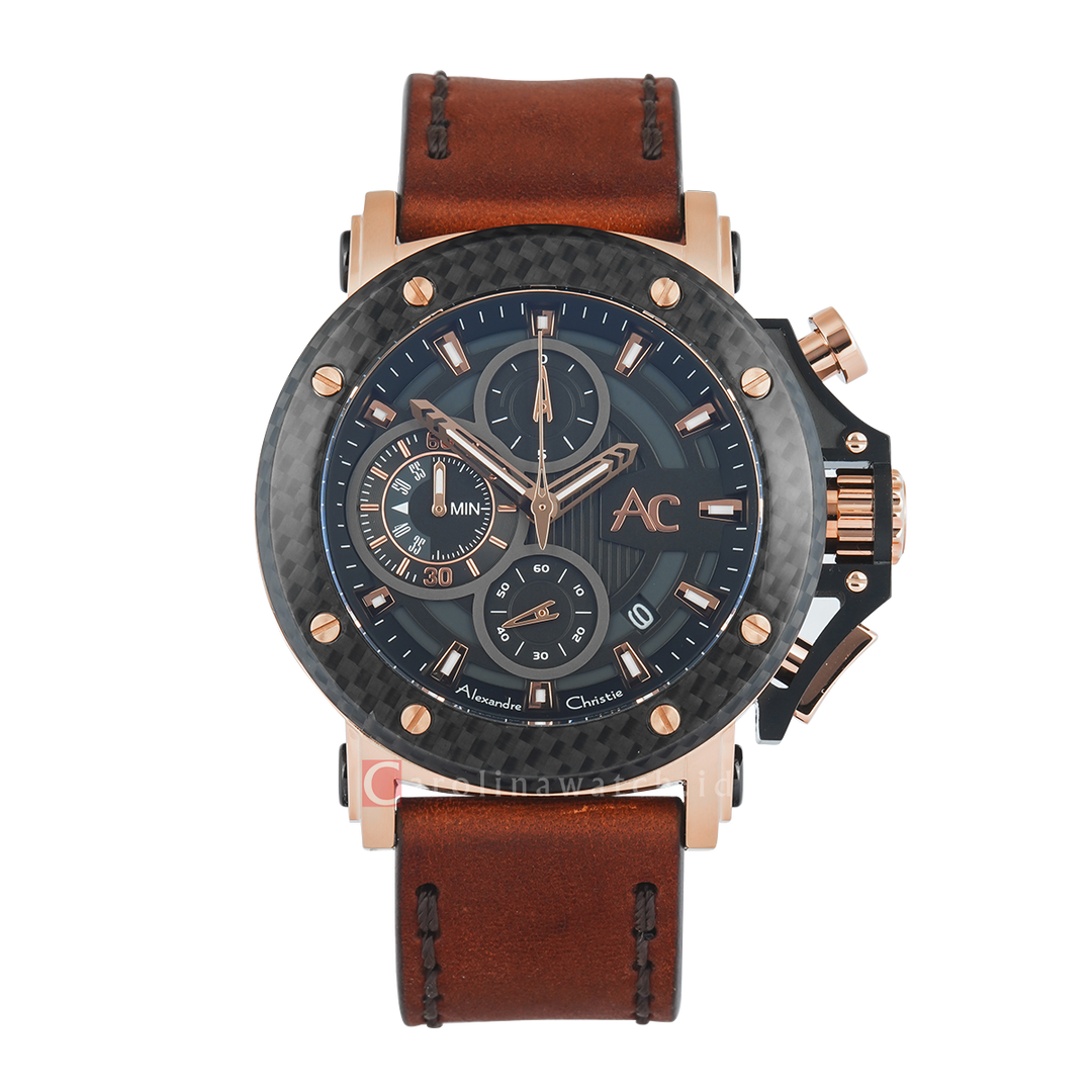 Jam Tangan Alexandre Christie AC 9205 MCLBRBA(GL) Men Black Dial Brown Leather Strap