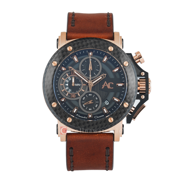 Jam Tangan Alexandre Christie AC 9205 MCLBRBA(GL) Men Black Dial Brown Leather Strap