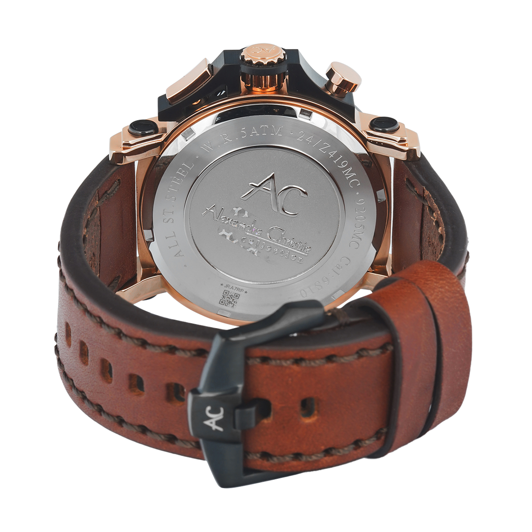 Jam Tangan Alexandre Christie AC 9205 MCLBRBA(GL) Men Black Dial Brown Leather Strap