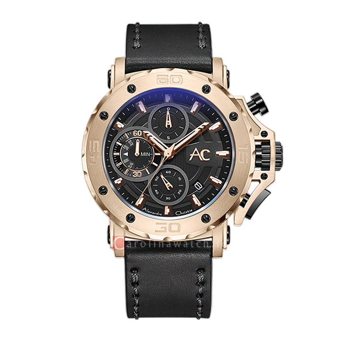 Jam Tangan Alexandre Christie AC 9205 MCLCABA Men Black Dial Black Leather Strap