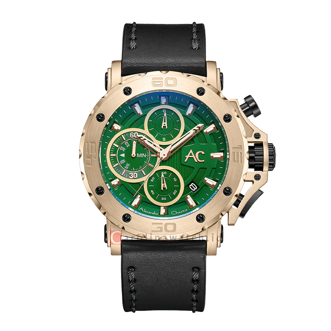Jam Tangan Alexandre Christie AC 9205 MCLCAGN Men Green Dial Black Leather Strap
