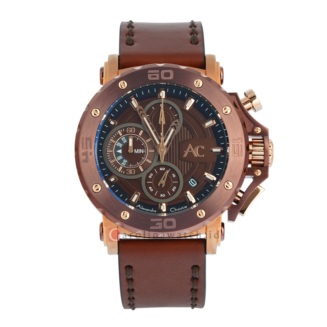 Jam Tangan Alexandre Christie Chronograph AC 9205 MCLROBO Men Brown Dial Brown Leather Strap