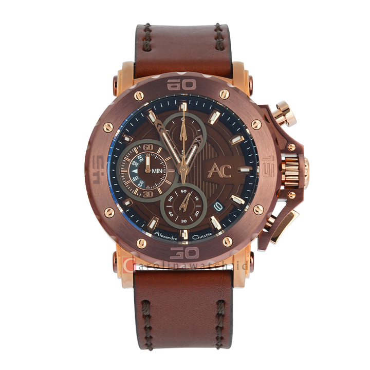 Jam Tangan Alexandre Christie Chronograph AC 9205 MCLROBO Men Brown Dial Brown Leather Strap