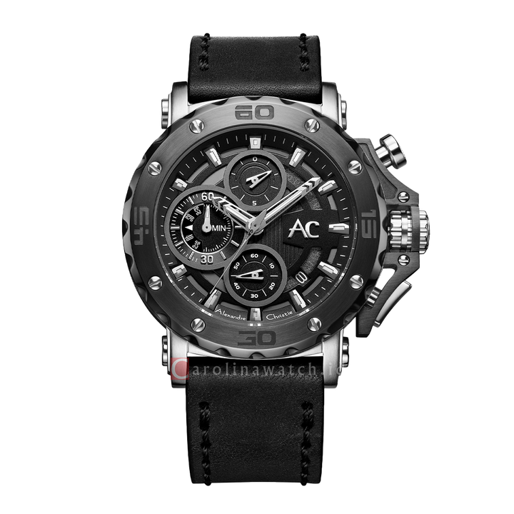 Jam Tangan Alexandre Christie AC 9205 MCLTBBA Men Black Dial Black Leather Strap