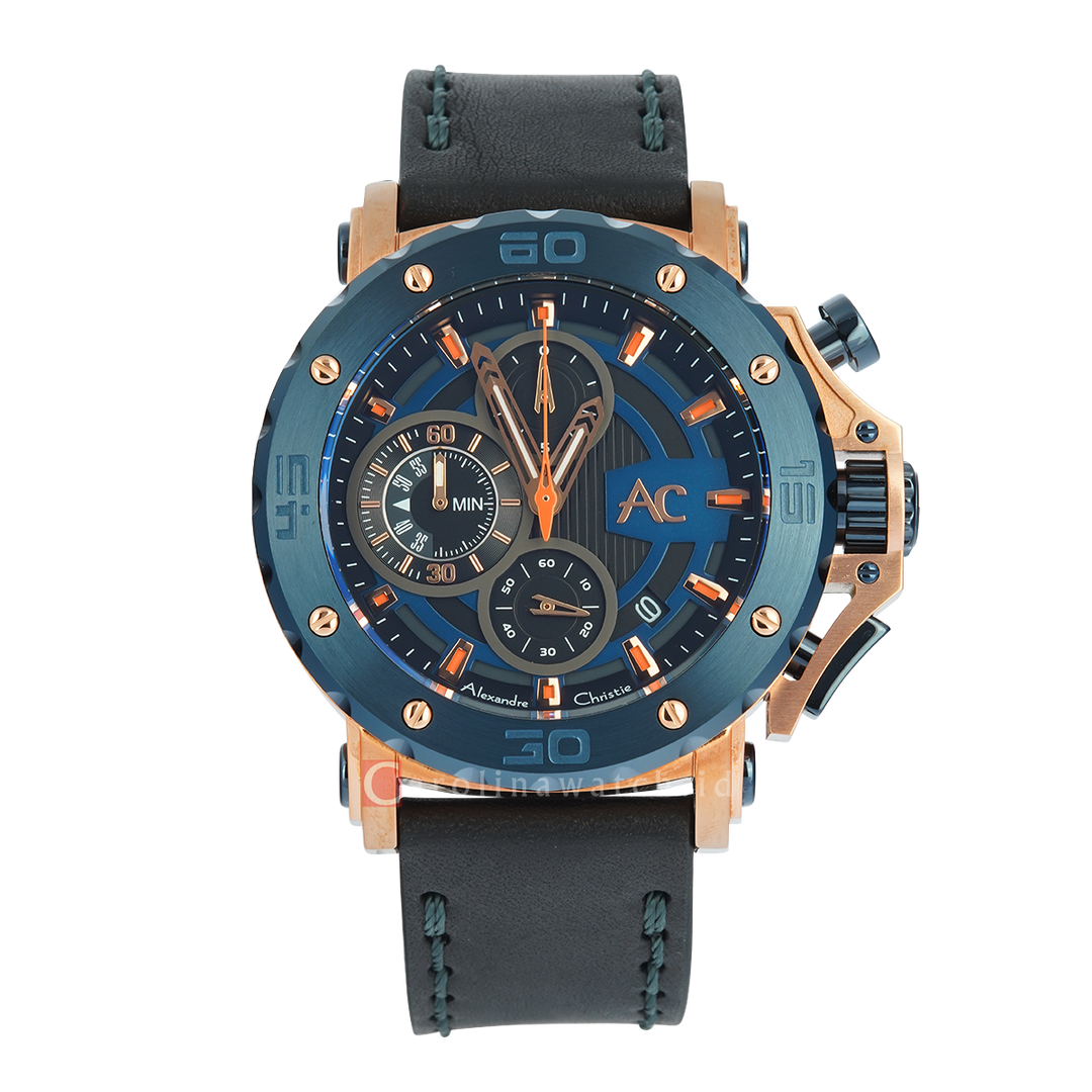 Jam Tangan Alexandre Christie  AC 9205 MCLURBU Men Black Dial Black Leather Strap