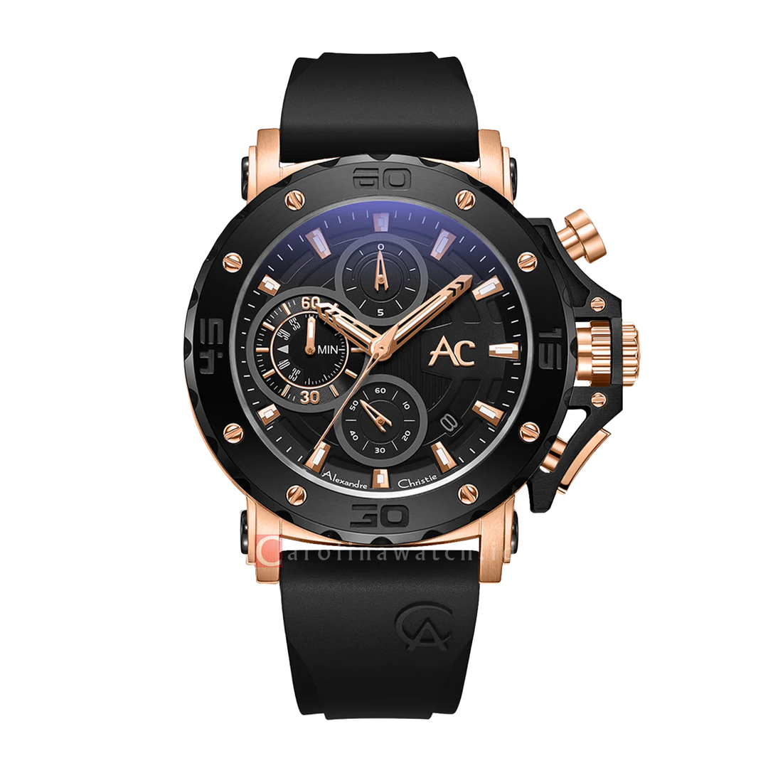 Jam Tangan Alexandre Christie Collection AC 9205 MCRBRBA Chronograph Men Black Dial Black Rubber Strap