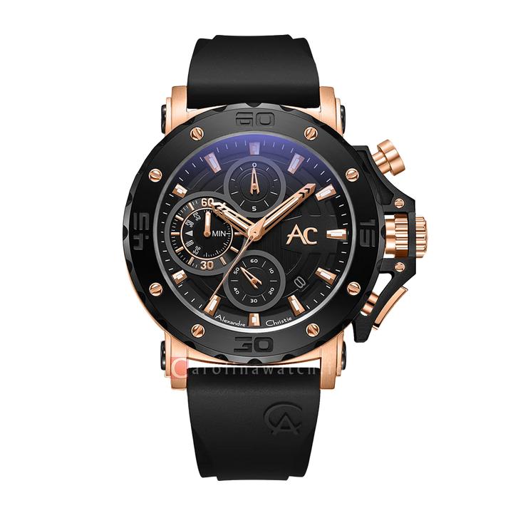 Jam Tangan Alexandre Christie Collection AC 9205 MCRBRBA Chronograph Men Black Dial Black Rubber Strap