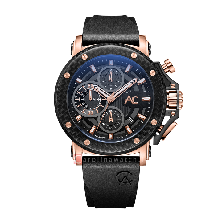 Jam Tangan Alexandre Christie Collection AC 9205 MCRBRBA(GL) Chronograph Men Black Dial Black Rubber Strap