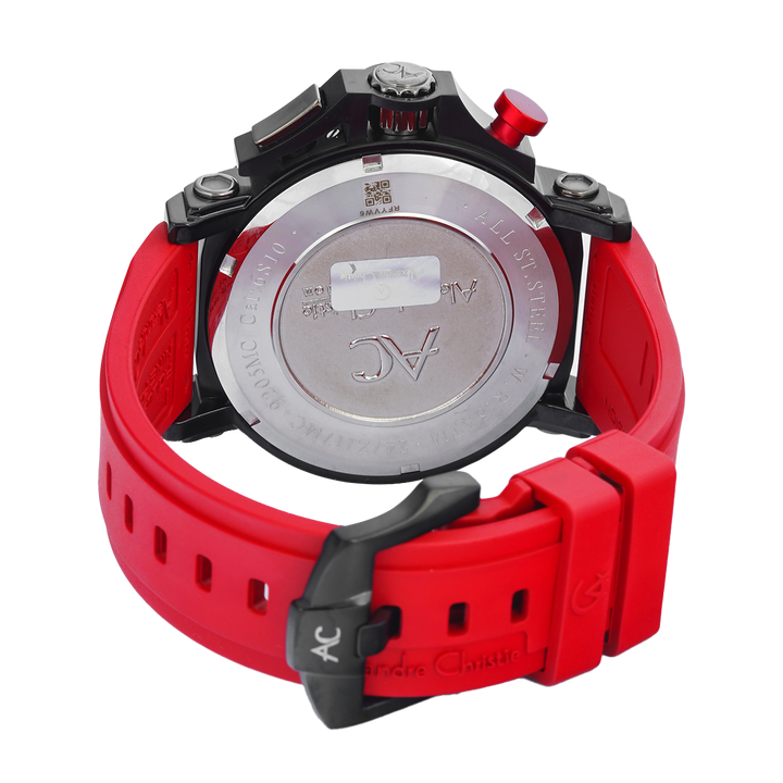 Jam Tangan Alexandre Christie Collection AC 9205 MCREPBARE Chronograph Men Black Dial Red Rubber Strap