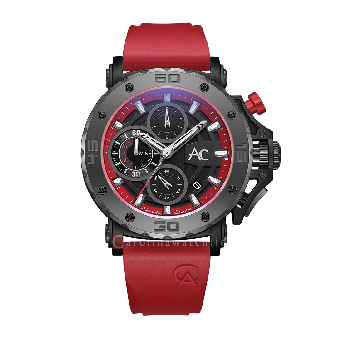 Jam Tangan Alexandre Christie Collection AC 9205 MCREPBARE Chronograph Men Black Dial Red Rubber Strap