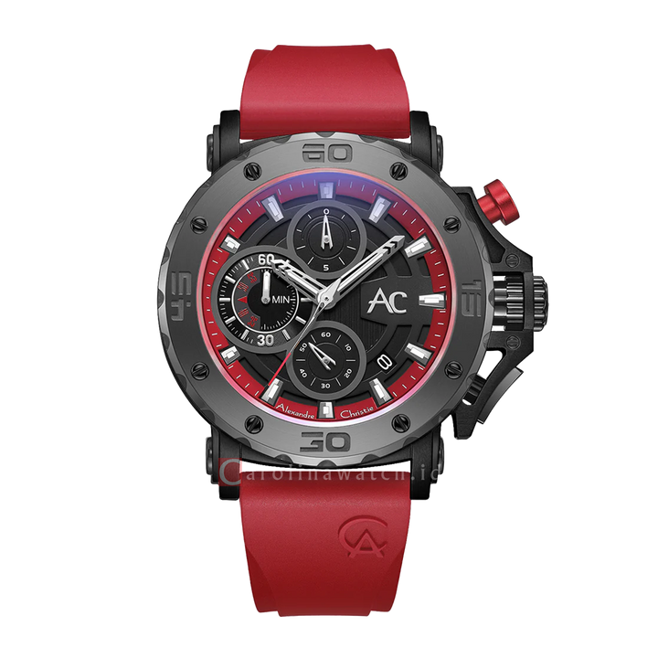 Jam Tangan Alexandre Christie Collection AC 9205 MCREPBARE Chronograph Men Black Dial Red Rubber Strap