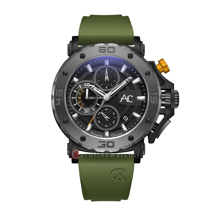 Jam Tangan Alexandre Christie Collection AC 9205 MCREPBAYL Chronograph Men Black Dial Green Rubber Strap