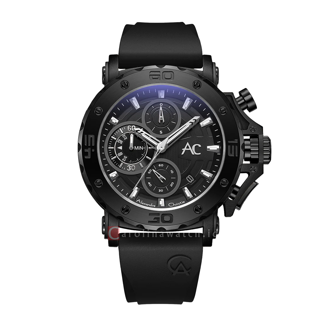 Jam Tangan Alexandre Christie Collection AC 9205 MCRIPBA Chronograph Men Black Dial Black Rubber Strap