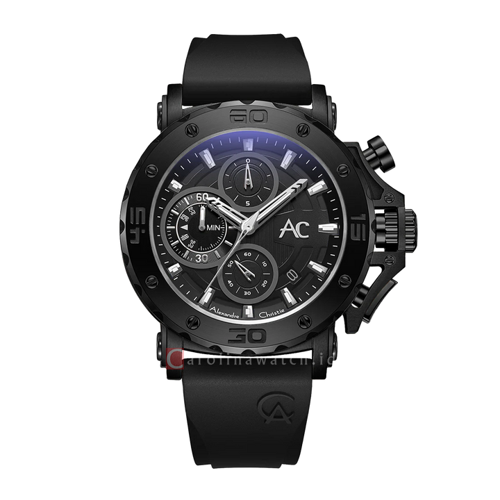 Jam Tangan Alexandre Christie Collection AC 9205 MCRIPBA Chronograph Men Black Dial Black Rubber Strap