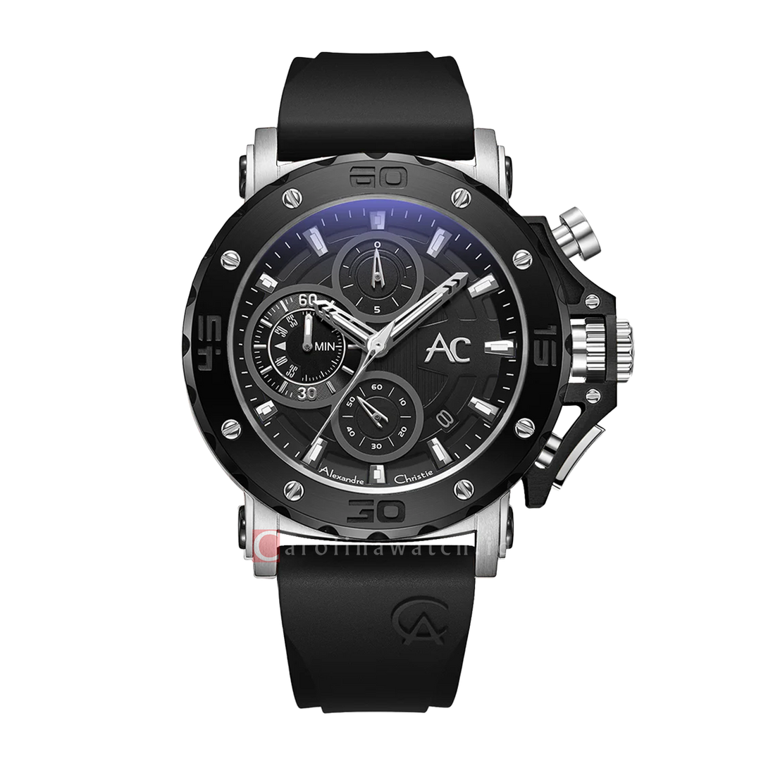 Jam Tangan Alexandre Christie Collection AC 9205 MCRTBBA Chronograph Men Black Dial Black Rubber Strap