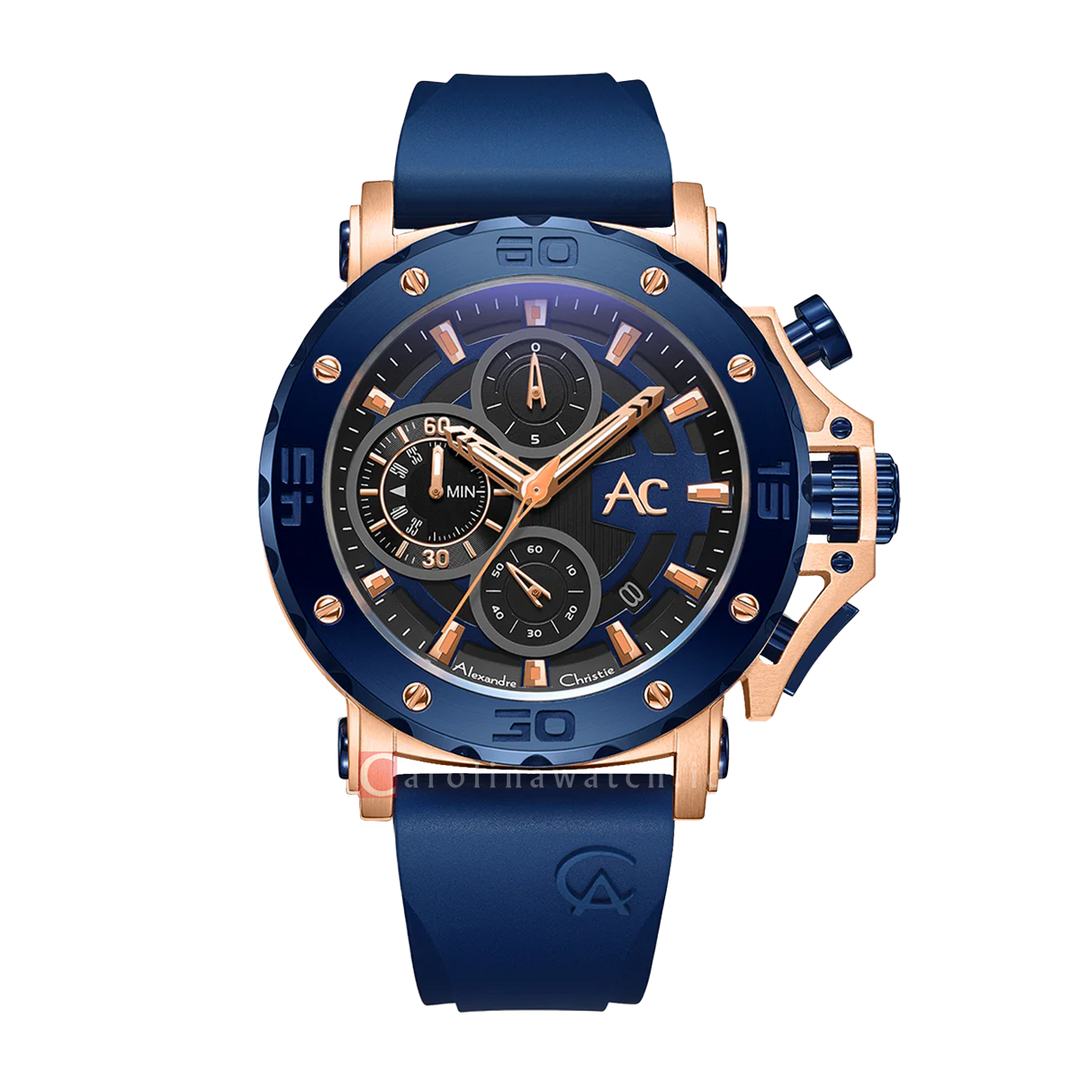 Jam Tangan Alexandre Christie Collection AC 9205 MCRURBU Chronograph Men Blue Dial Blue Rubber Strap