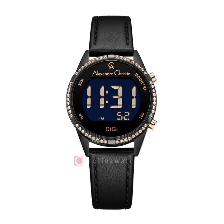 Jam Tangan Alexandre Christie Digi AC 9354 LHLIPBARG Women Digital Dial Black Leather Strap