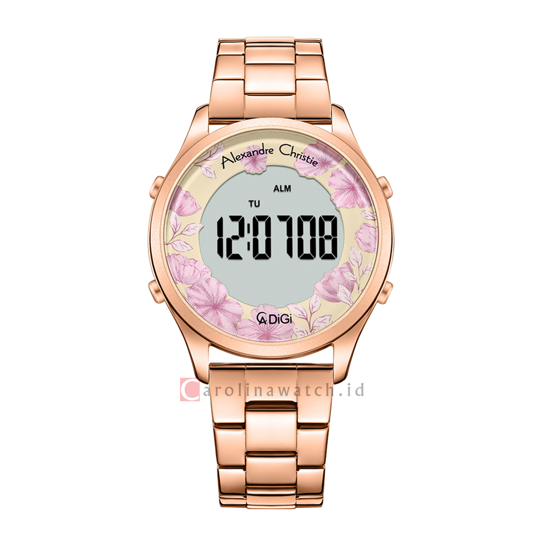 Jam Tangan Alexandre Christie DIGI AC 9363 LHBRGLK Women Rose Flower Motif Digital Dial Rose Gold Stainless Steel Strap