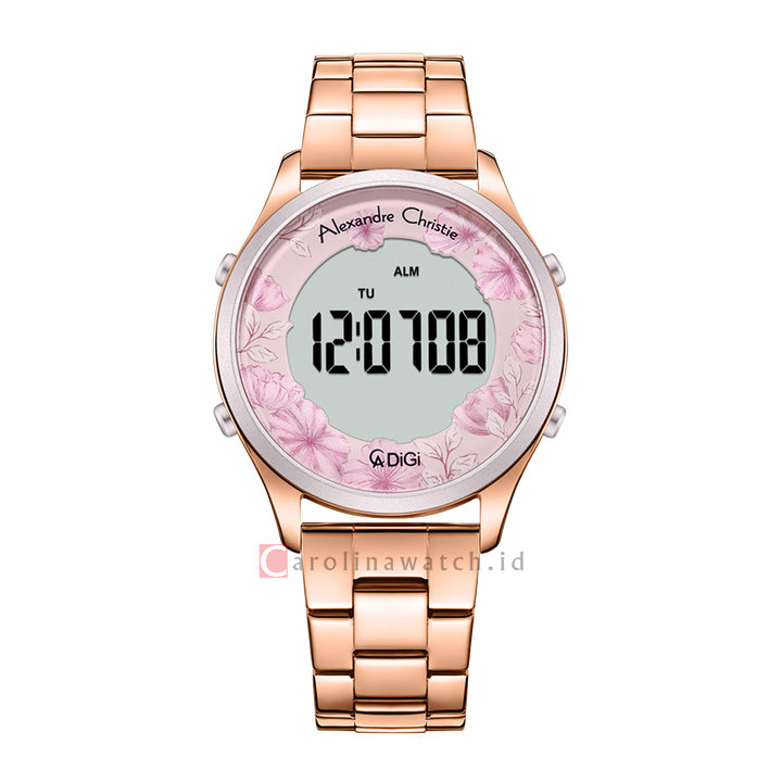 Jam Tangan Alexandre Christie DIGI AC 9363 LHBRGPN Women Pink Flower Motif Digital Dial Rose Gold Stainless Steel Strap