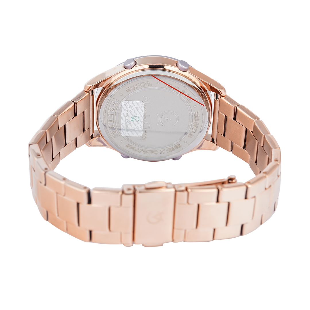 Jam Tangan Alexandre Christie DIGI AC 9363 LHBRGPU Women Light Purple Flower Motif Digital Dial Rose Gold Stainless Steel Strap