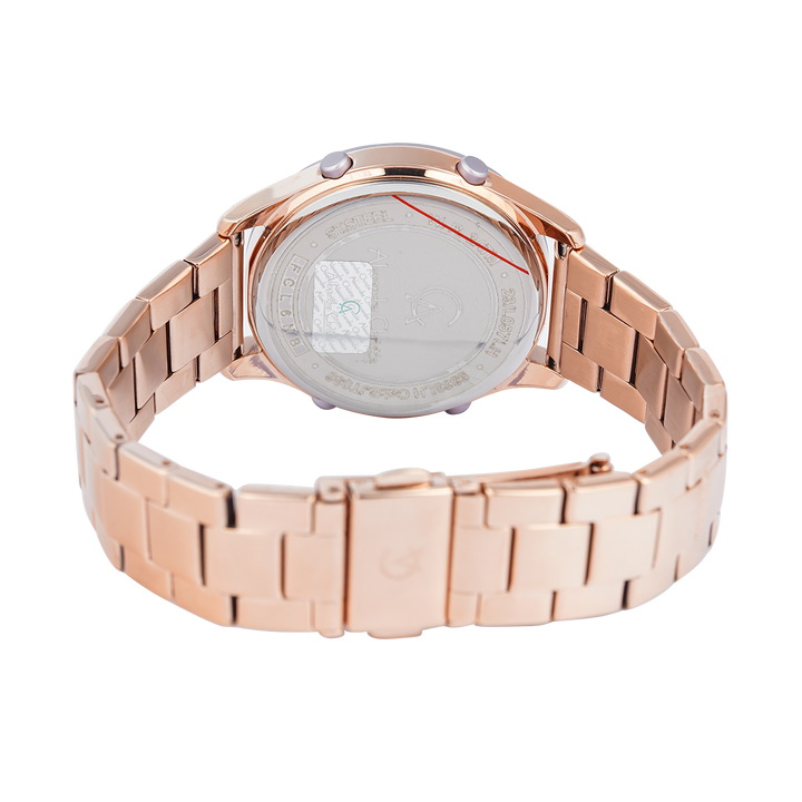 Jam Tangan Alexandre Christie DIGI AC 9363 LHBRGPU Women Light Purple Flower Motif Digital Dial Rose Gold Stainless Steel Strap
