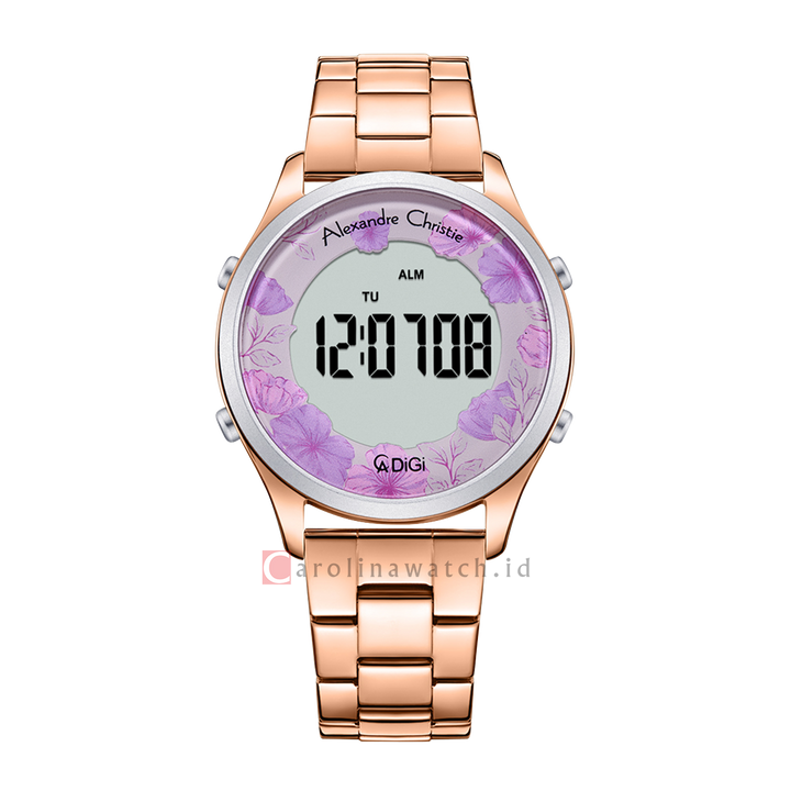 Jam Tangan Alexandre Christie DIGI AC 9363 LHBRGPU Women Light Purple Flower Motif Digital Dial Rose Gold Stainless Steel Strap