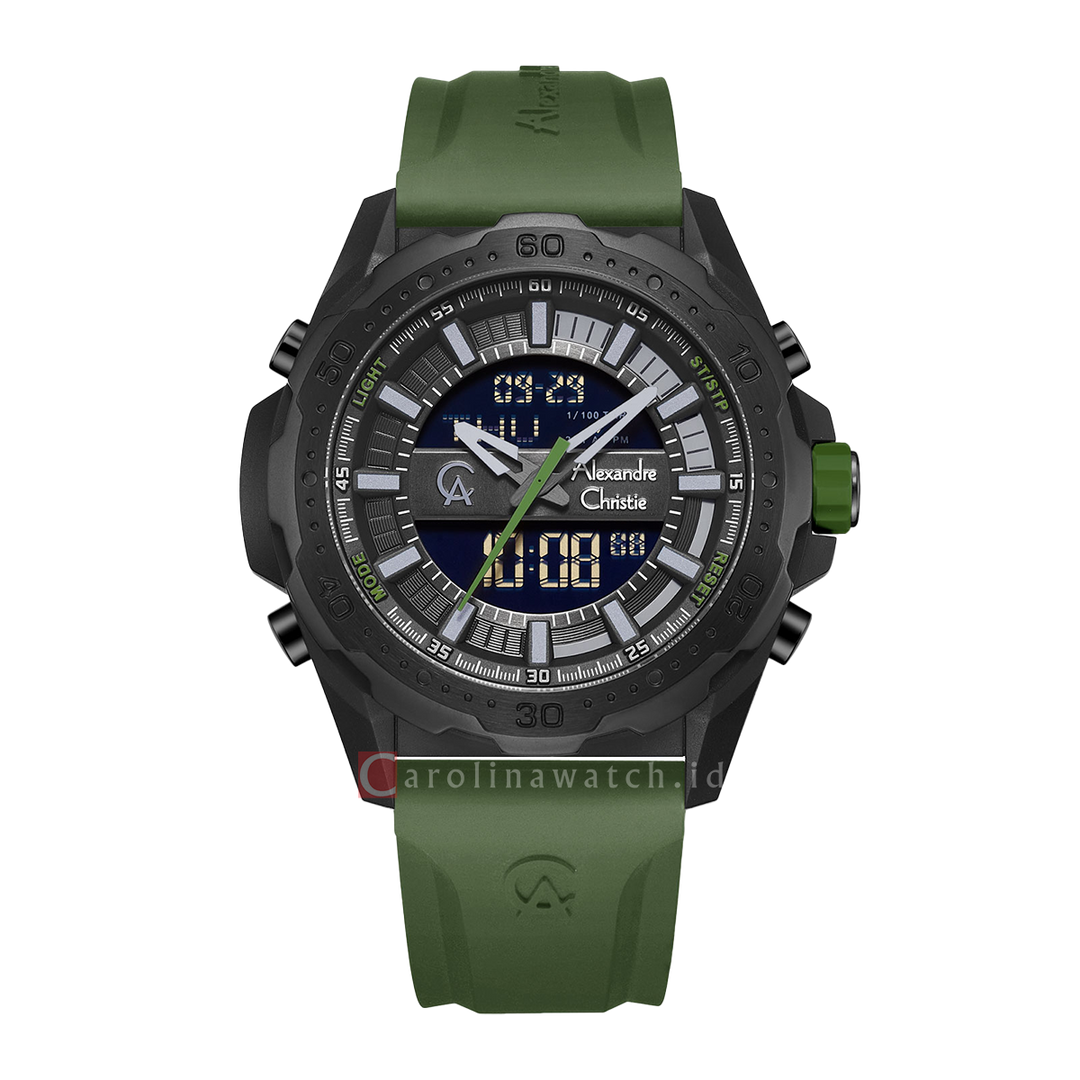 Jam Tangan Alexandre Christie AC 9370 MHRIPBAGN Men Black Digital Analog Dial Green Rubber Strap