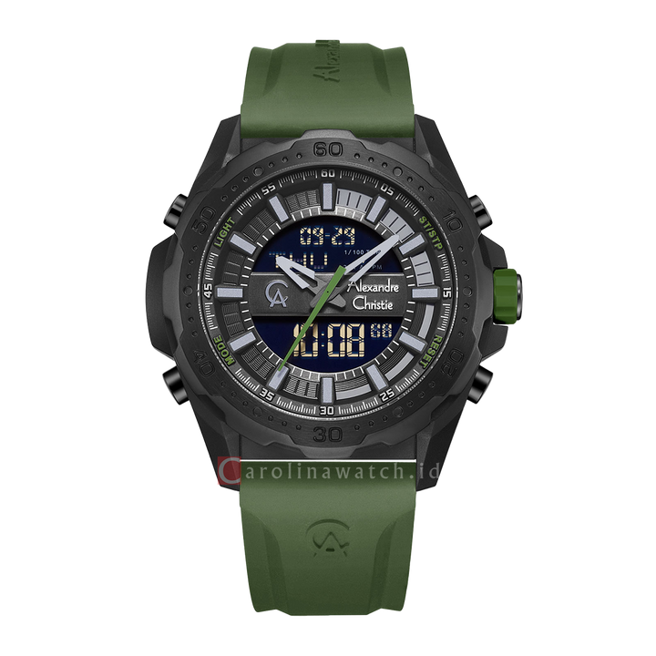 Jam Tangan Alexandre Christie AC 9370 MHRIPBAGN Men Black Digital Analog Dial Green Rubber Strap