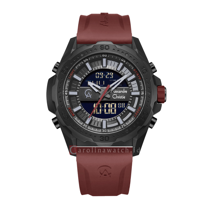 Jam Tangan Alexandre Christie AC 9370 MHRIPBARE Men Black Digital Analog Dial Red Rubber Strap