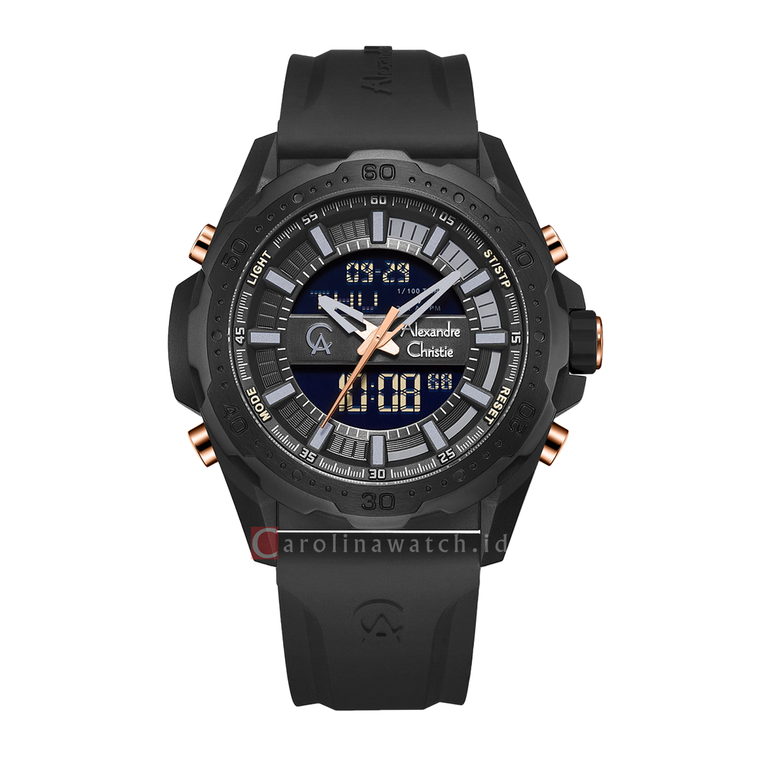 Jam Tangan Alexandre Christie AC 9370 MHRIPBARG Men Black Digital Analog Dial Black Rubber Strap