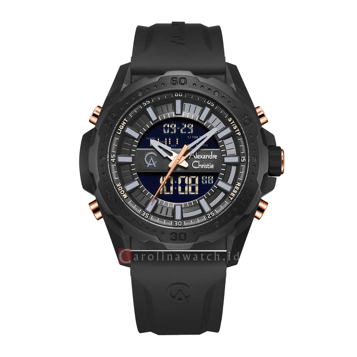 Jam Tangan Alexandre Christie AC 9370 MHRIPBARG Men Black Digital Analog Dial Black Rubber Strap