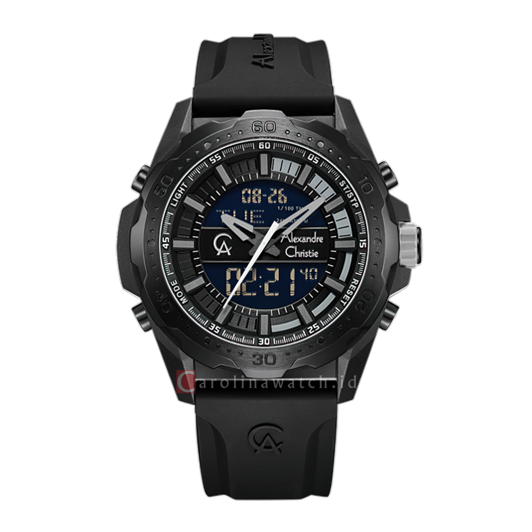 Jam Tangan Alexandre Christie AC 9370 MHRIPBASL Men Digital Analog Dial Black Rubber Strap