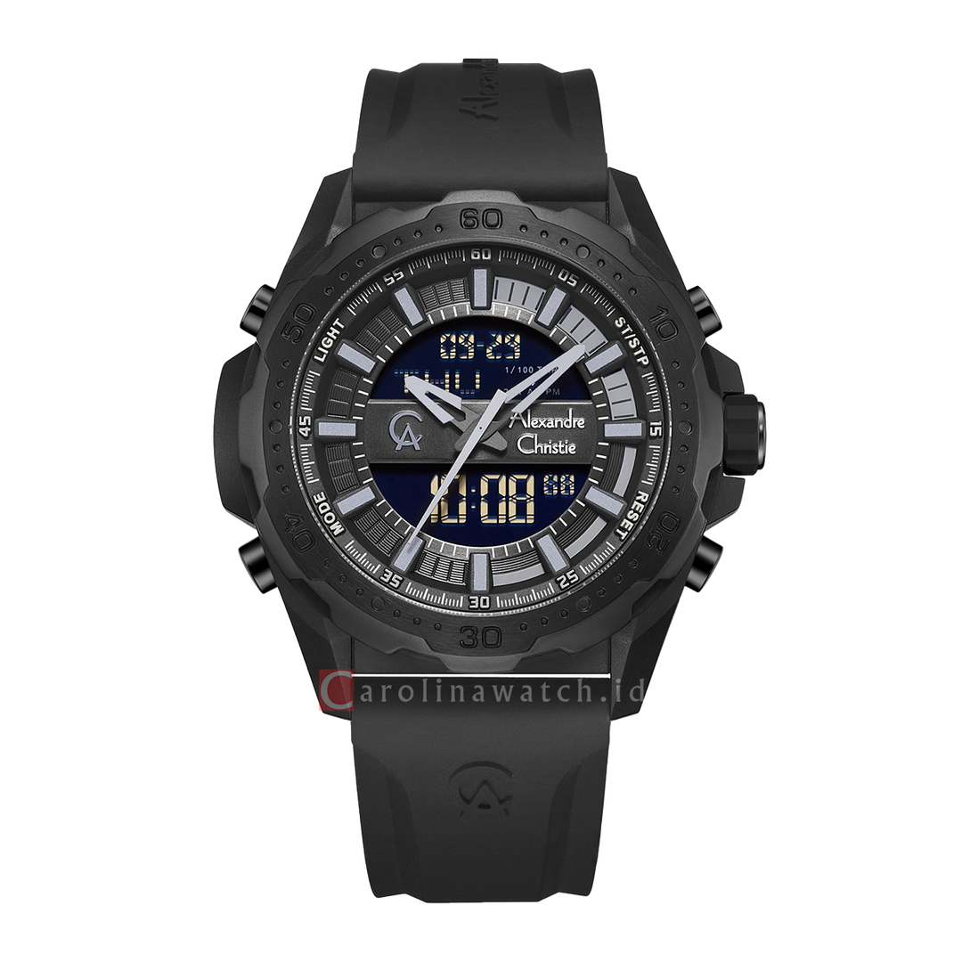 Jam Tangan Alexandre Christie AC 9370 MHRIPBA Men Black Digital Analog Dial Black Rubber Strap