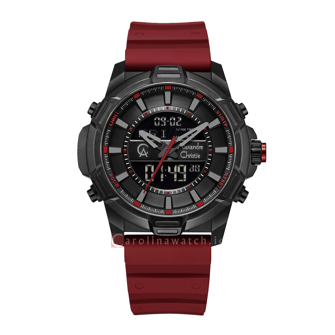 Jam Tangan Alexandre Christie AC 9375 MHRIPBARE Men Black Digital Analog Dial Red Rubber Strap