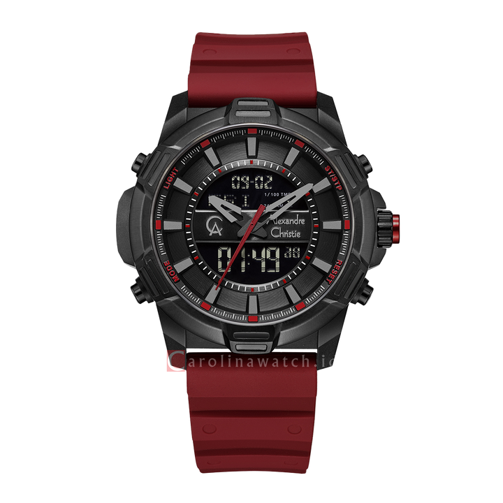 Jam Tangan Alexandre Christie AC 9375 MHRIPBARE Men Black Digital Analog Dial Red Rubber Strap