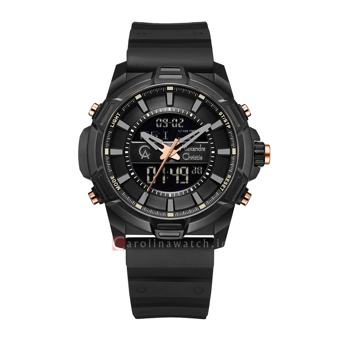 Jam Tangan Alexandre Christie AC 9375 MHRIPBA Men Black Digital Analog Dial Black Rubber Strap