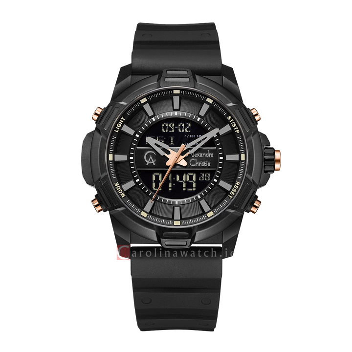 Jam Tangan Alexandre Christie AC 9375 MHRIPBA Men Black Digital Analog Dial Black Rubber Strap