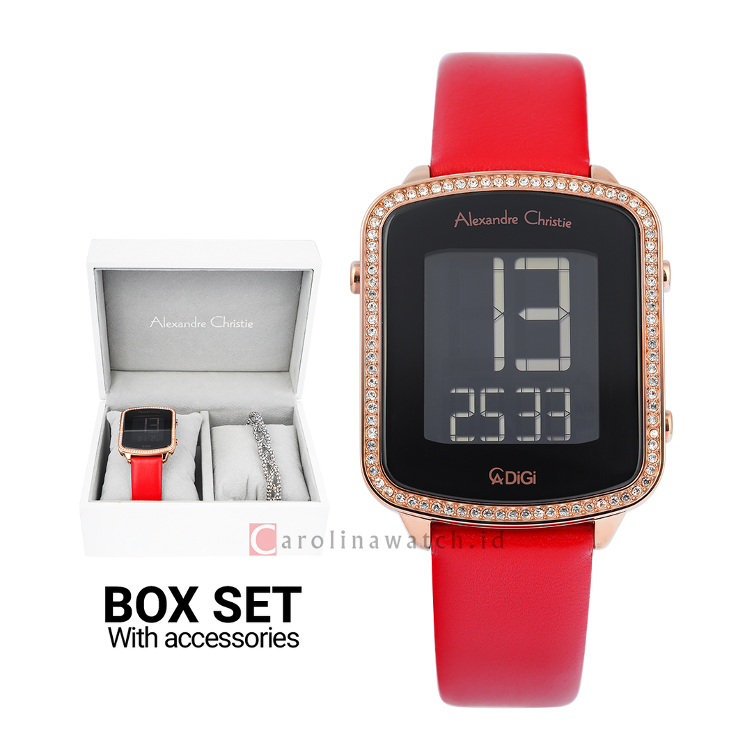 Jam Tangan Alexandre Christie Digi AC 9380 LHLRGBARE Women Digital Dial Red Leather Strap