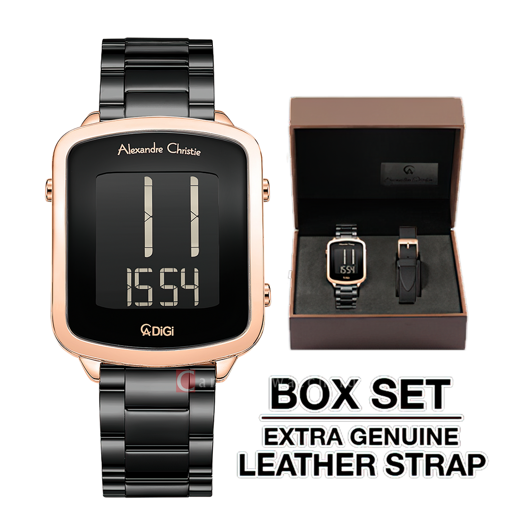 Jam Tangan Alexandre Christie DIGI AC 9381 LHBBRBA Women Digital Dial Black Stainless Steel Strap Extra Genuine Leather Strap