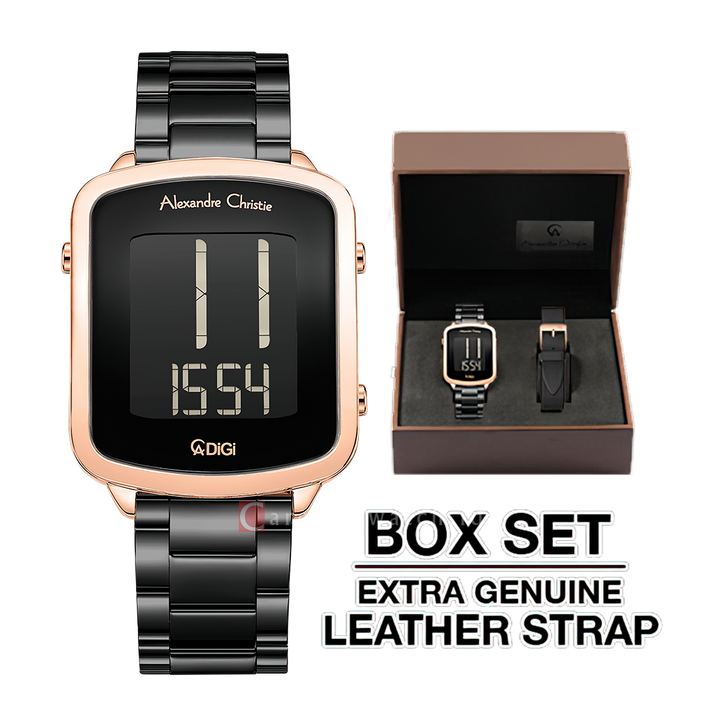 Jam Tangan Alexandre Christie DIGI AC 9381 LHBBRBA Women Digital Dial Black Stainless Steel Strap Extra Genuine Leather Strap