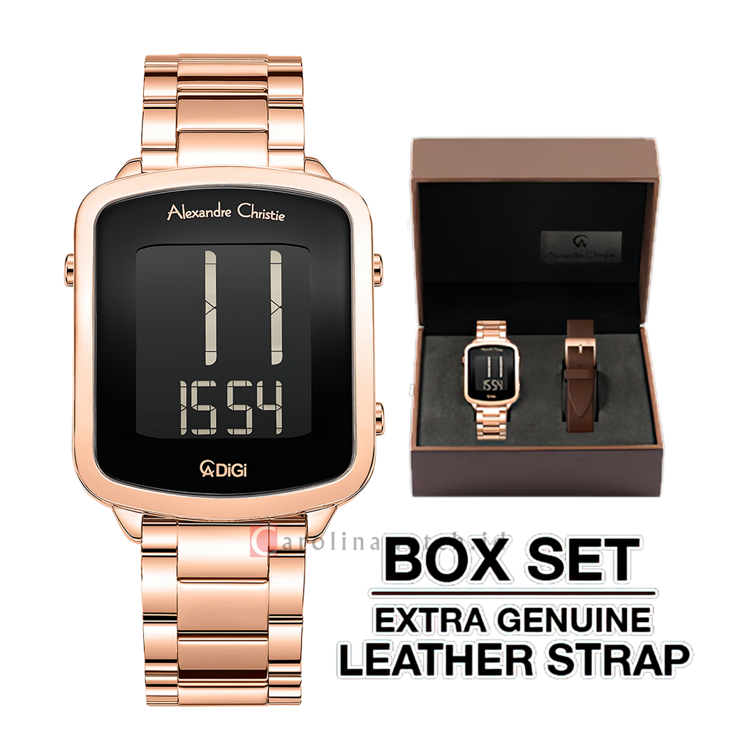 Jam Tangan Alexandre Christie DIGI AC 9381 LHBRGBA Women Digital Dial Rose Gold Stainless Steel Strap Extra Genuine Leather Strap