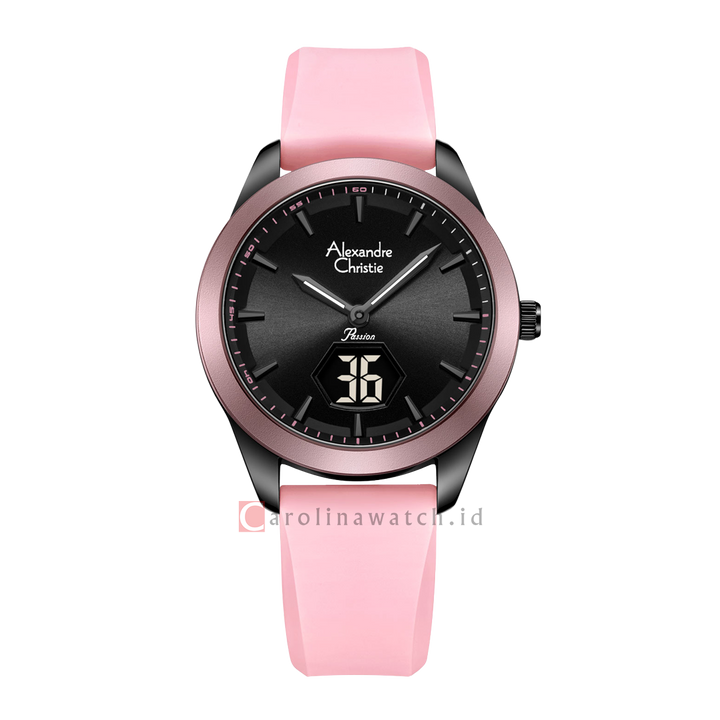 Jam Tangan Alexandre Christie Passion AC 9394 LHRIPBAPN Women Black Dial Pink Rubber Strap