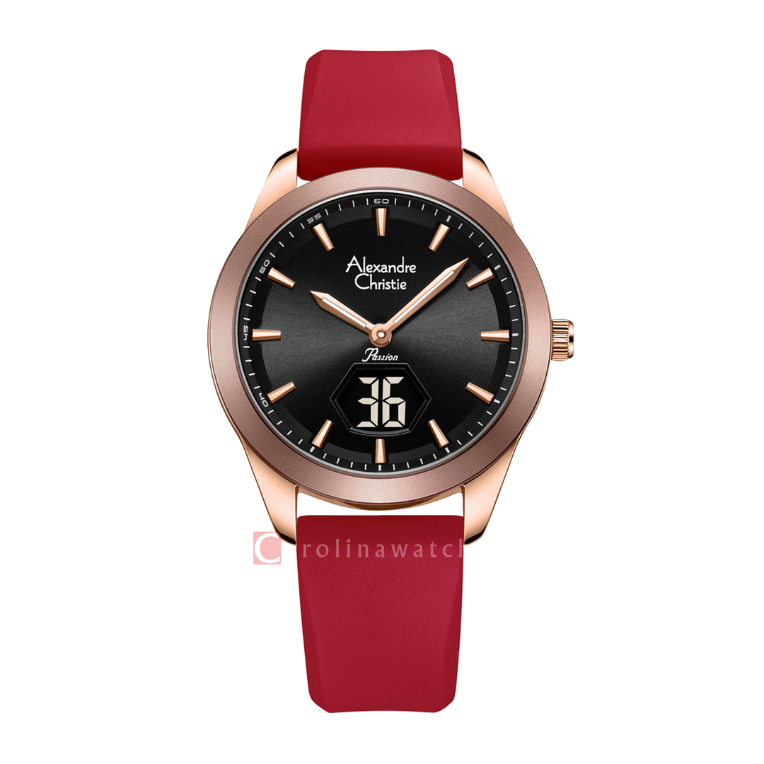 Jam Tangan Alexandre Christie Passion AC 9394 LHRRGBARE Women Black Dial Red Rubber Strap